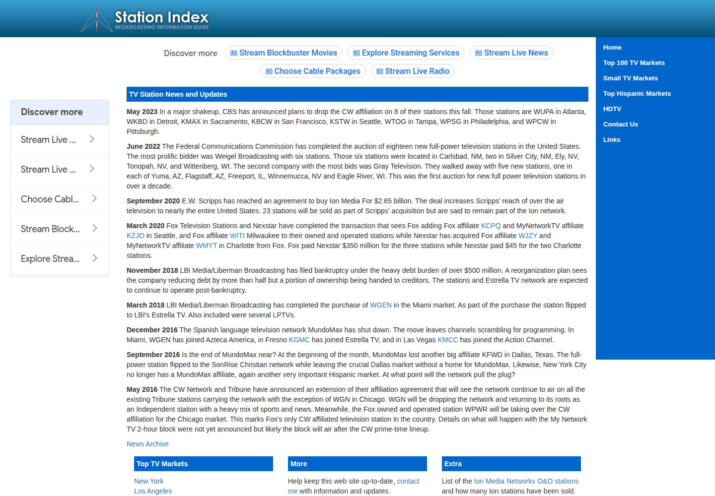 Station Index for all Television Channels website screenshot