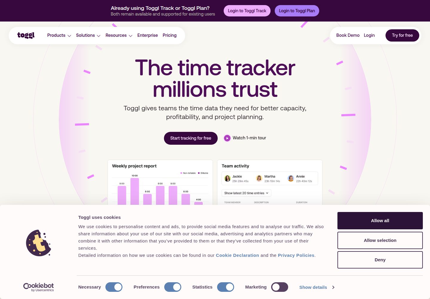 Toggl Track website screenshot