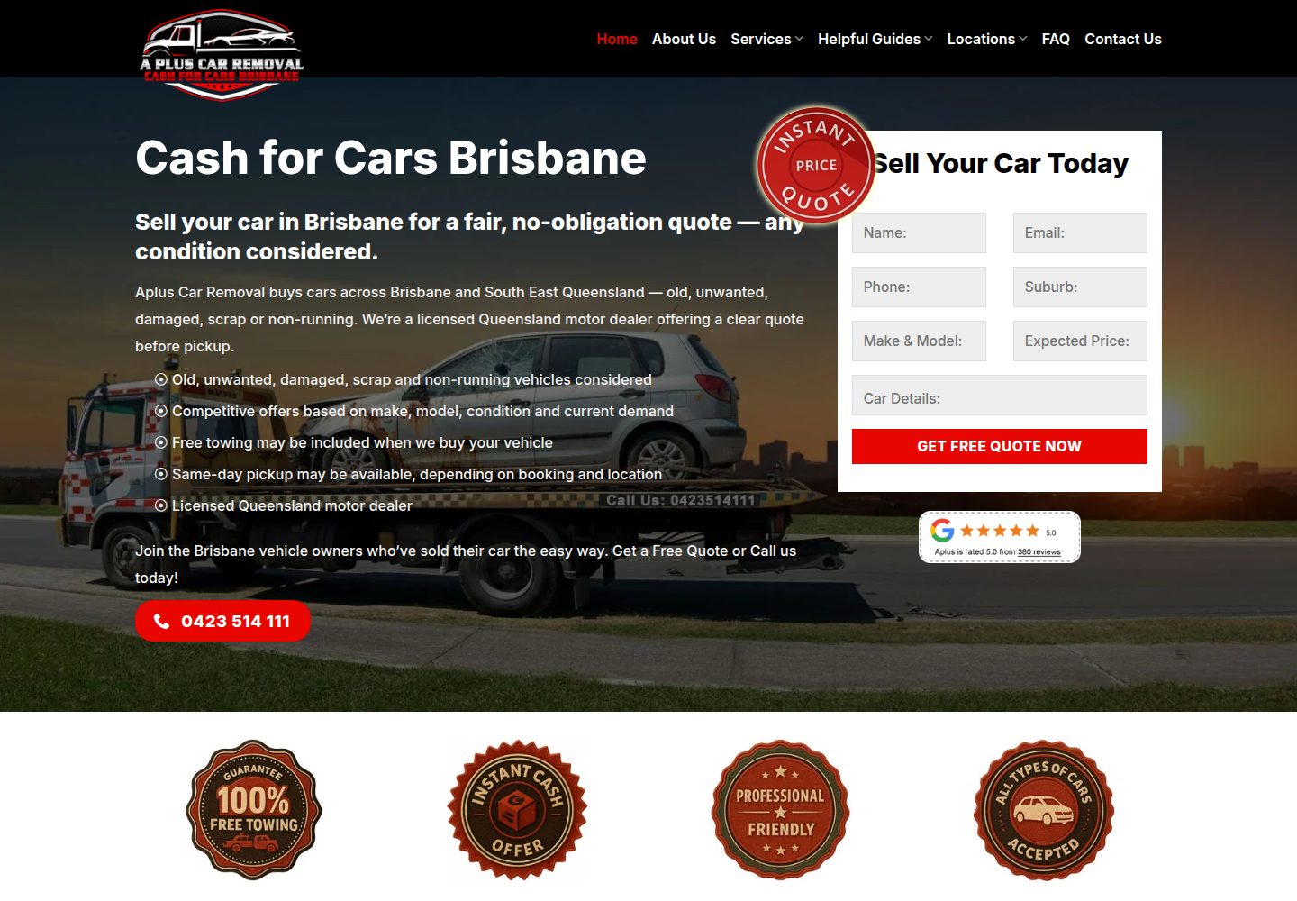 Cash for Cars Brisbane - Aplus Car Removal website screenshot