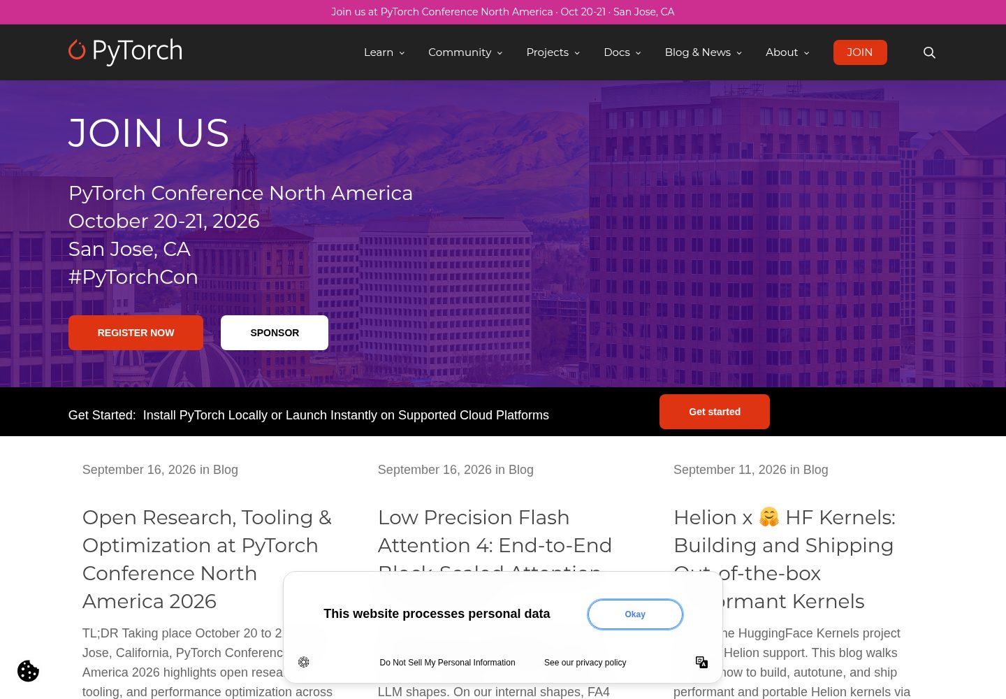 PyTorch website screenshot