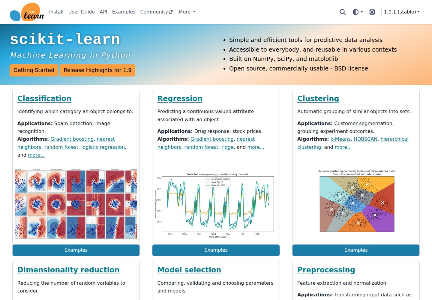 scikit-learn website screenshot