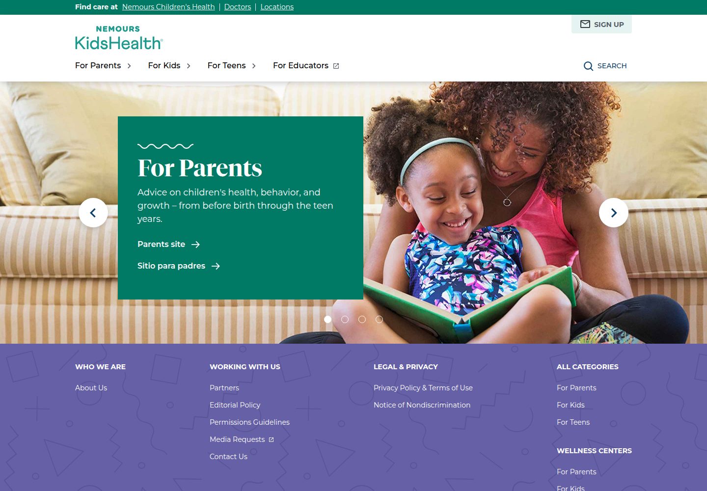 Kids health website screenshot