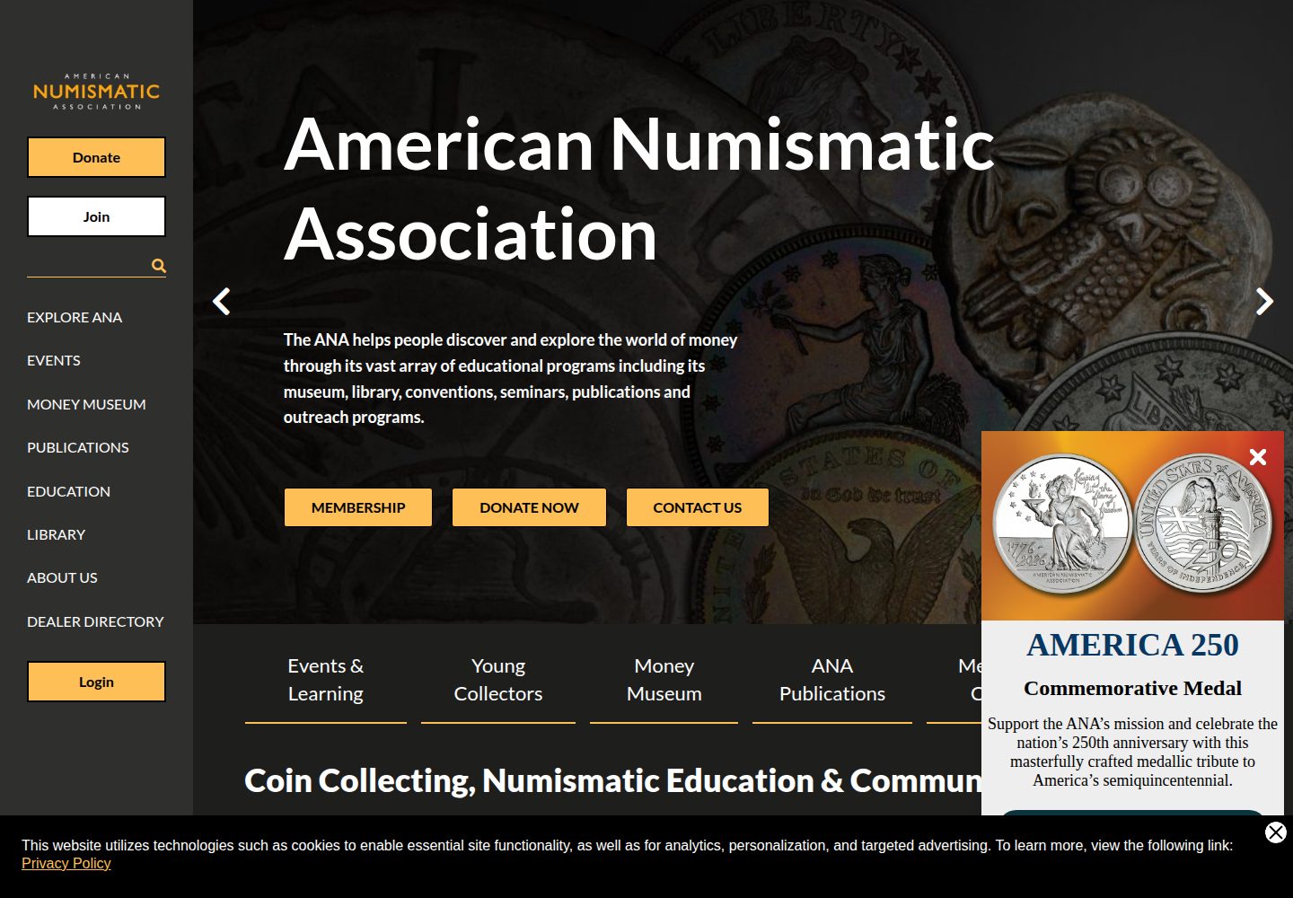 American Numismatic Association website screenshot