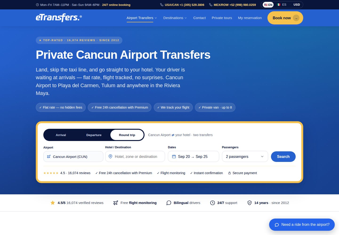 Cancun Airport Transportation website screenshot