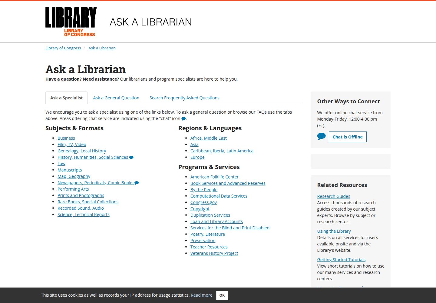 Ask a Librarian - Library of Congress website screenshot