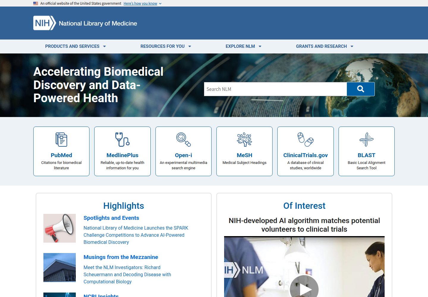 National Library of Medicine website screenshot