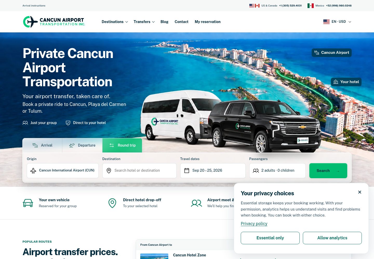 Cancun Airport Transportation website screenshot