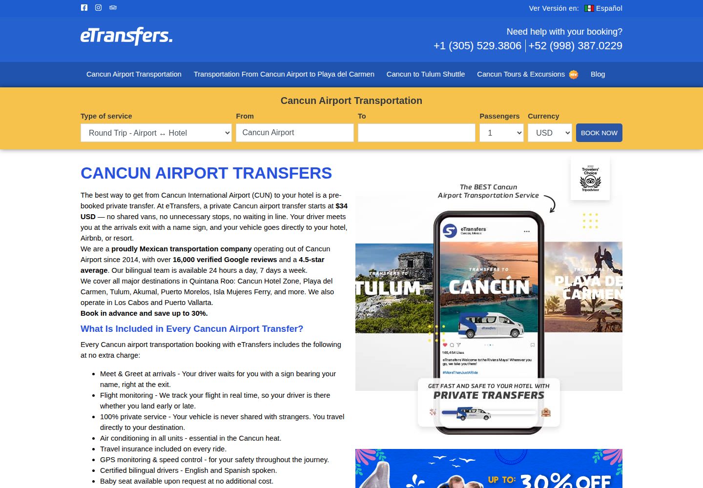 Cancun Airport Transportation by eTransfers website screenshot
