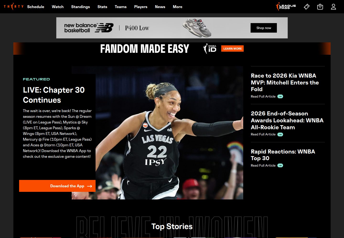 WNBA website screenshot
